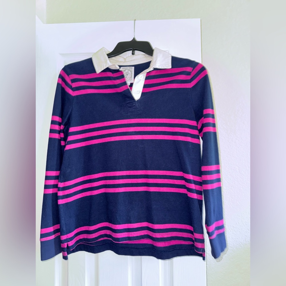 Lands End Navy and Pink Striped Long Sleeve Polo Shirt super cute 🥰 size small!